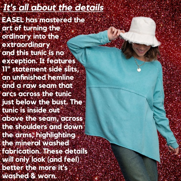EASEL "The Good Life" Lightweight Terry Knit Tunic, High Side Slits, Raw Details - Picture 4 of 14